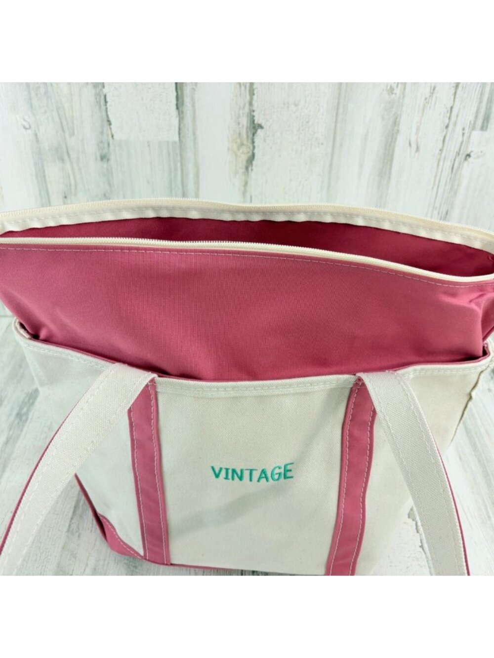 LL Bean Canvas Boat And Tote Bag Vintage Rose Pink Made in USA Zipper Closure - Picture 9 of 16